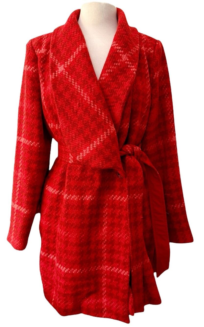 Cabi Evita Red Plaid Wrap Coat Belted Shawl Collar Women’s L #4295 Preppy